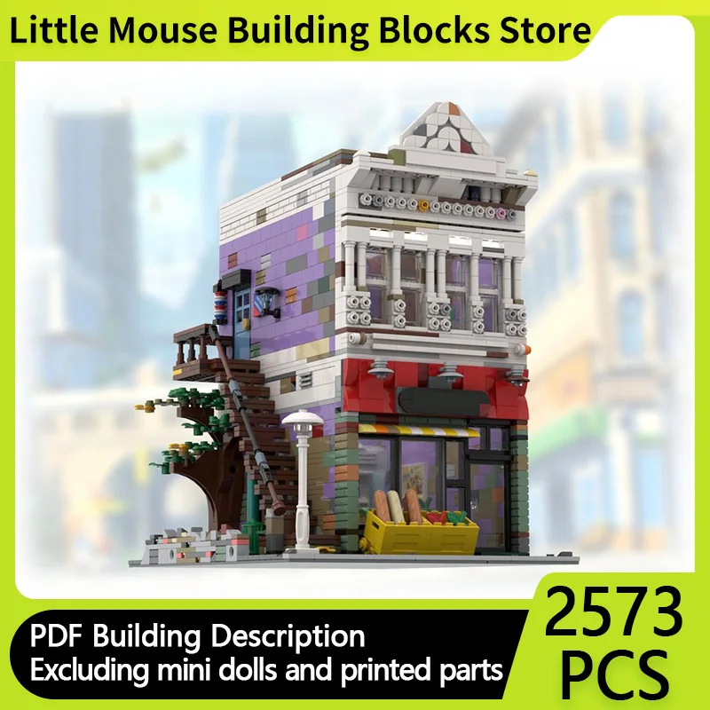 

Street View Model MOC Building Bricks Grocery Store And Barber Shop Modular Technology Gifts Holiday Assemble Children Toys Suit