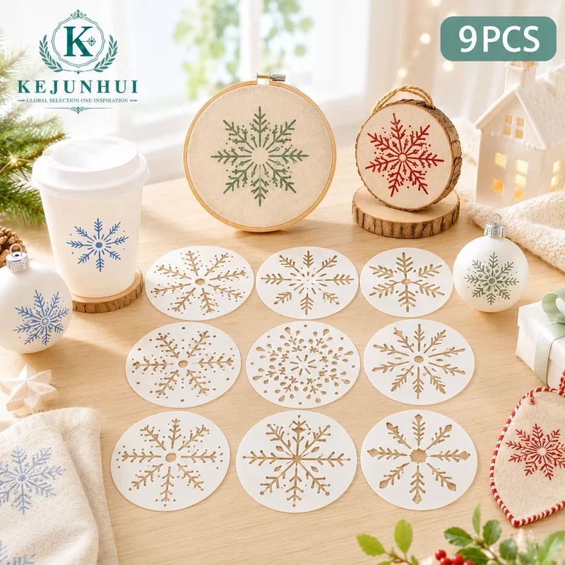 9PCS Snowflake Stencils Reusable Christmas Painting Templates for Wood Window Gift Box DIY Crafts Holiday Winter Home Decor