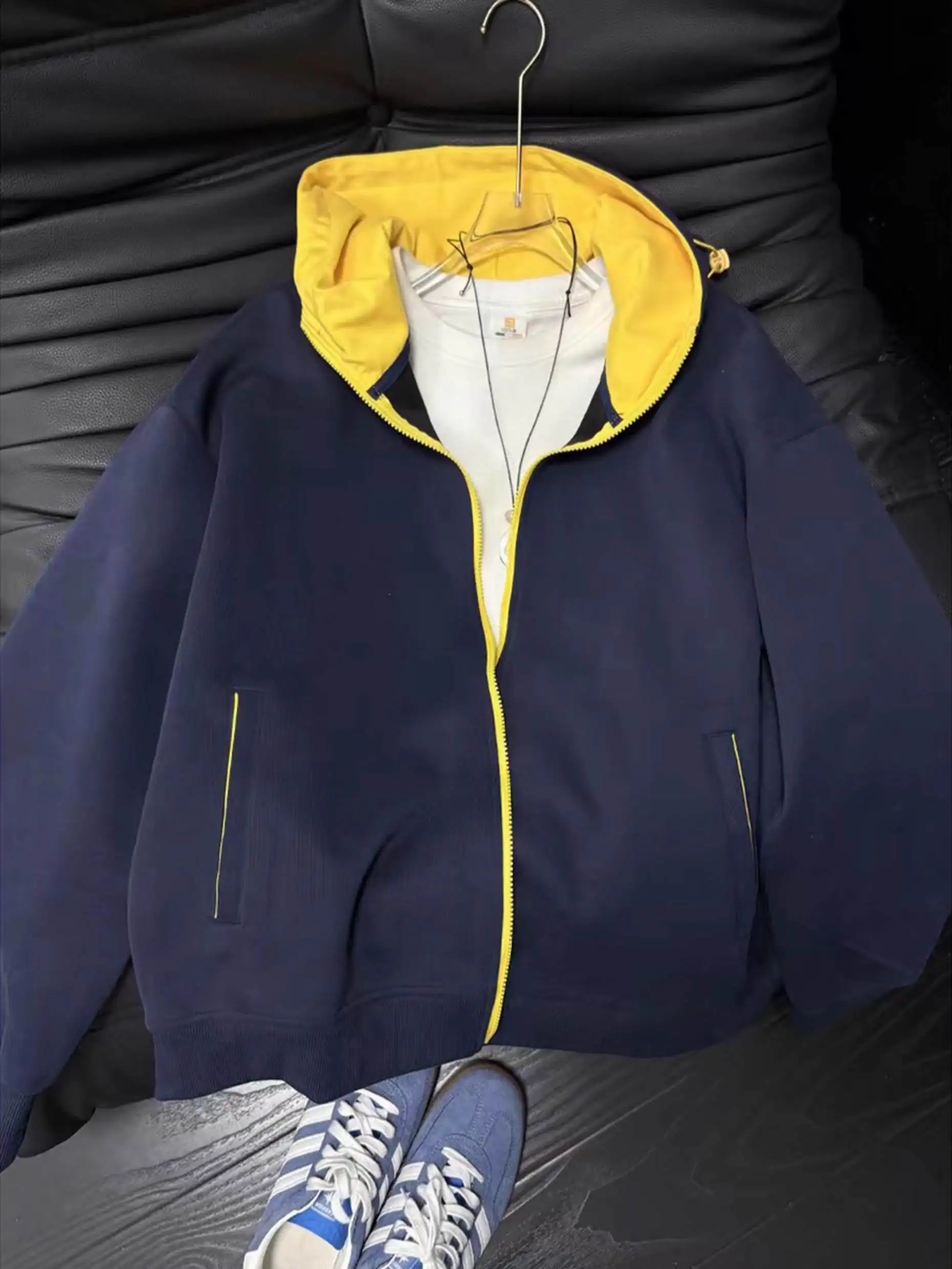 

Cobalt Blue Patchwork Hooded Open Cardigan Sweatirt 2025 New Men's Early Autumn Couple's American Retro Teenage Jaet