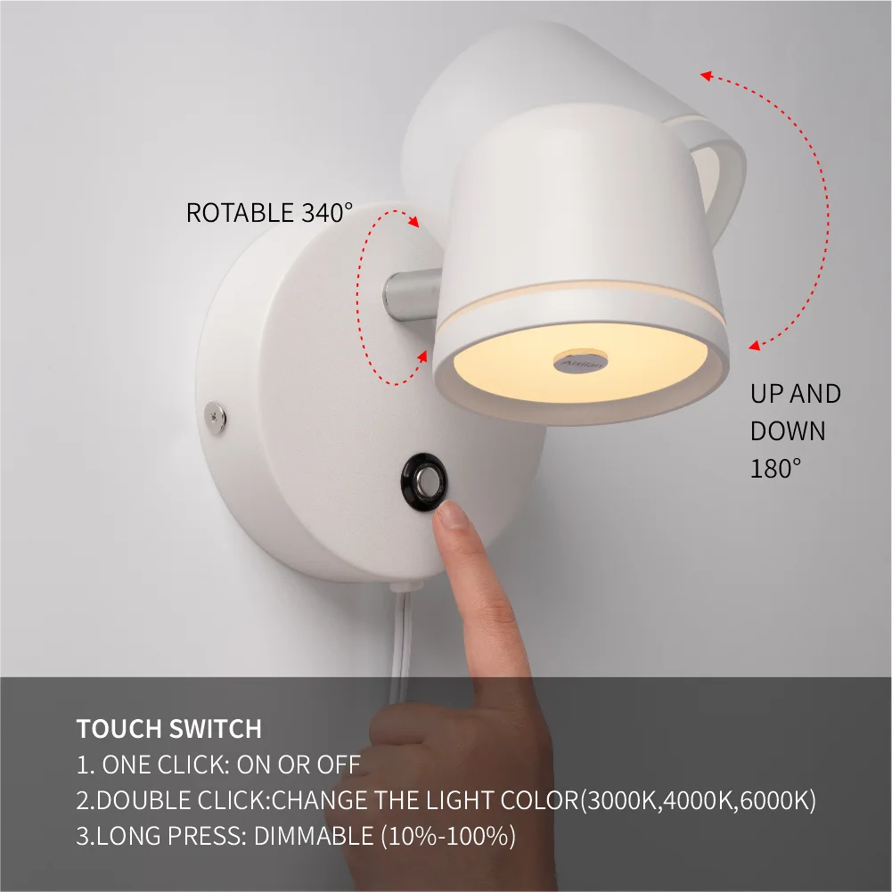 Adjustable Dimmable LED Plug in Wall Sconces Modern Wall Light Indoor with Touch Switch Bedside Lamp Aluminum Light Fixture