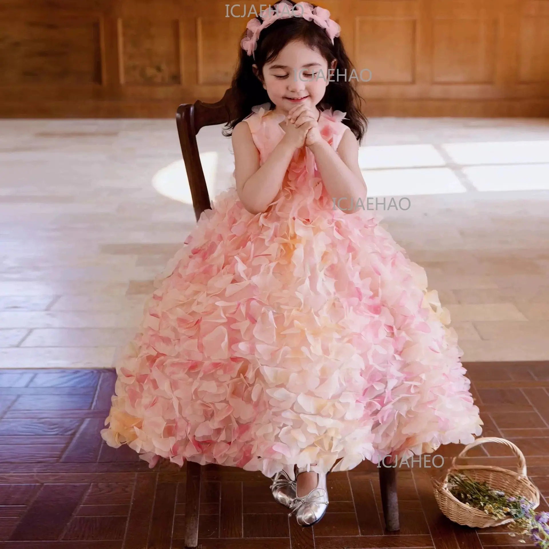 Floral Kids Birthday Gown High End Puffy Cake Skirt  Girl Host Piano Girls Performance OutfitGirls Princess Dress Rainbow