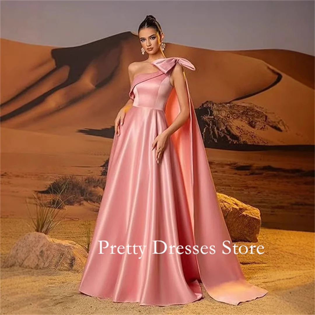

One-Shoulder Pink Evening Dresses Customized Satin Floor Length Ruched Simple Party Prom Gowns Formal vestidos de fiesta