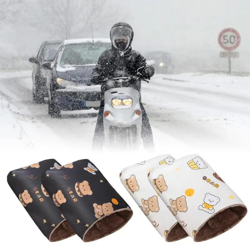 winter Motorcycle Windproof Gloves Snowmobile Handle Grip With Bear Printing Warm Handlebar Gloves Plush Lining Hand Shield