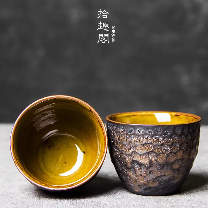 Handmade Rough Pottery Tea Cup With Gilded Glaze, Ceramic Cup, Earthenware Set, Japanese Hammer Pattern, Single