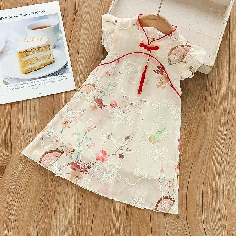 Crianças meninas vestido de verão estilo chinês hanfu cheongsam vestido infantil bebê menina princesa vestido