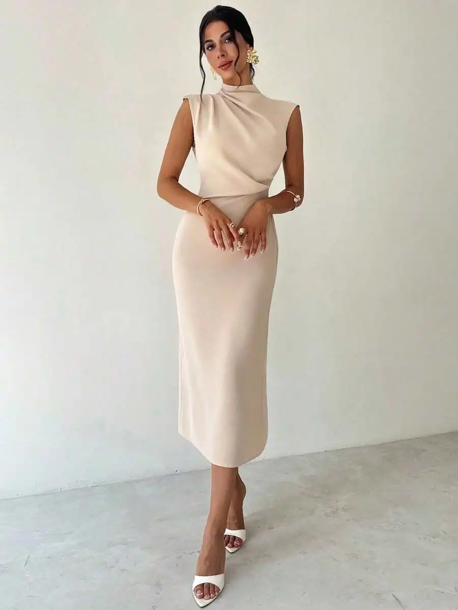 

Apricot Sleeveless High-Neck Midi Dress With Asymmetrical Draping, Slim-Fit Waist, And Fluid Hem For Summer Office Or Event Wear