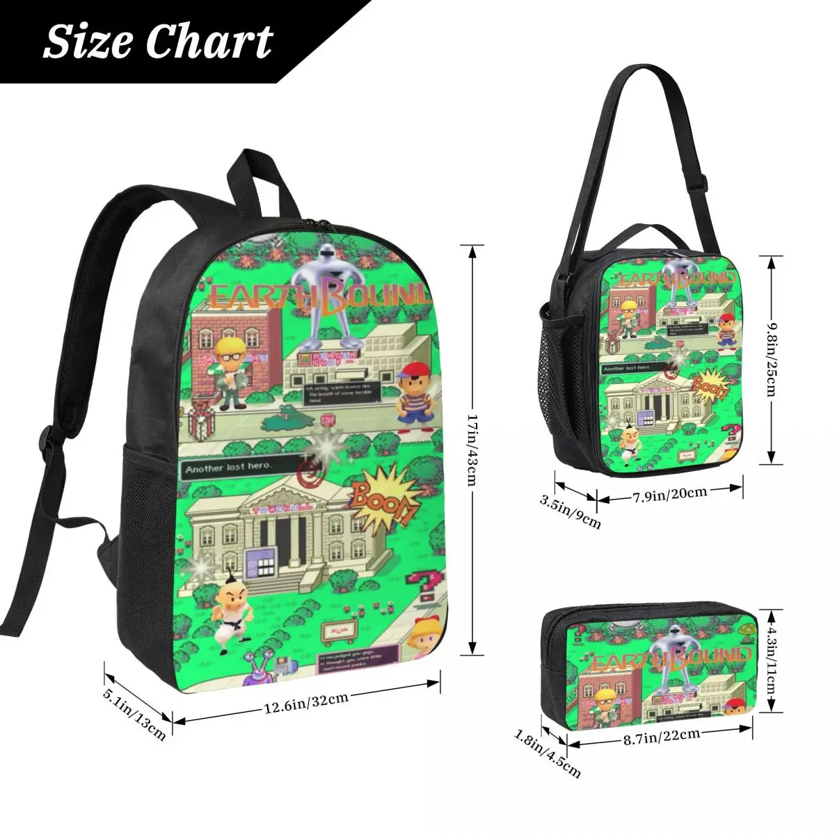 3Pcs Earthbound Mega Sprite Sheet School bags Set for Kids Pen Bags Backpack Sets with Lunch Box For School Students Daypack