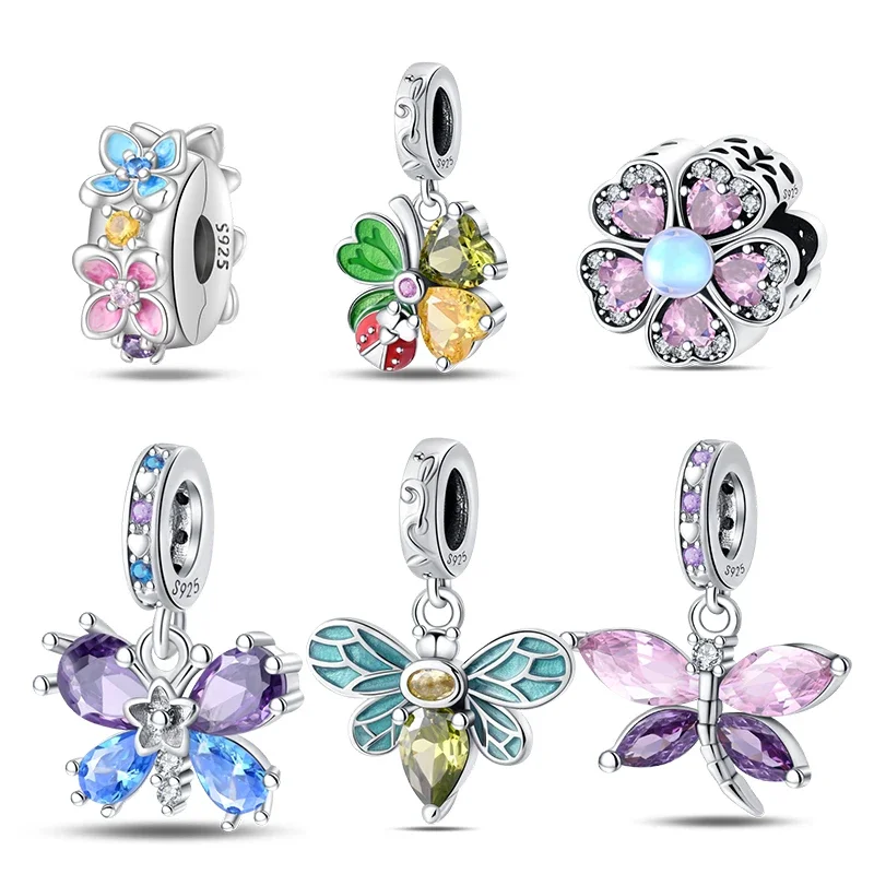 

Silver 925 Gem Springtime Butterfly Dragonfly Flowers Charms Pendant Fit Original Bracelets DIY Fine Jewelry for Women Gift