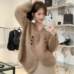 Imitation mink hair Winter Cardigans Women Elegant Long Sleeve Double Breasted Loose Female Sweaters Coat