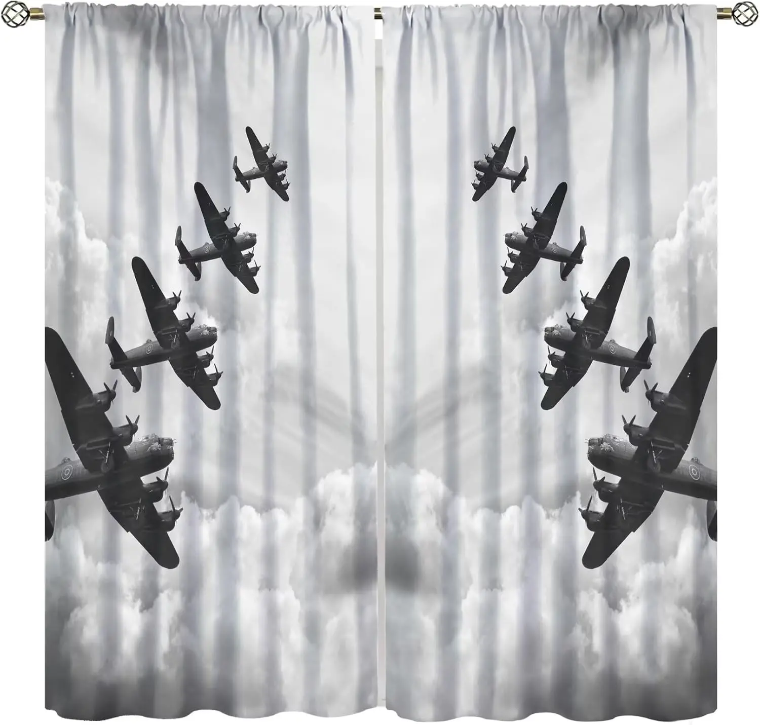 Cortinas opacas con diseño de avión para decoración de dormitorio, cortinas con diseño retro de avión de combate gris vintage en el cielo, cortinas con bolsillos para varillas