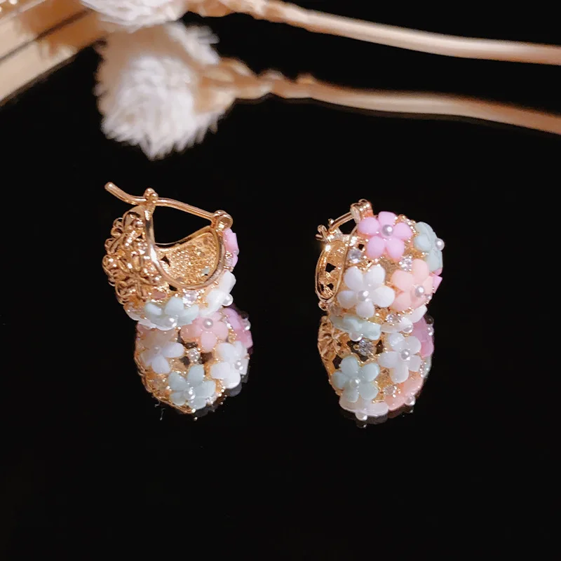 Fashionable Zircon Pearl Flower Basket Ear Buckle Sweet Pink Rhinestone Petal Flower Earrings Wedding Party Jewelry Girls Gifts