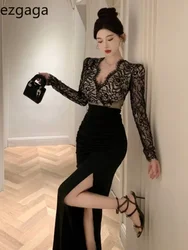 Ezgaga Sexy Dresses Women Lace Patchwork Long Sleeve V Neck Slim Party Dress Split Temperament Vintage Elegant Ladies Stylish