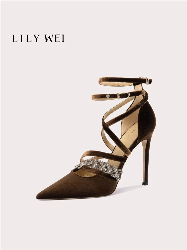 Thin high heels spring and summer new pointed suede rhinestone lace-up sandals banquet large size small size widened women shoes