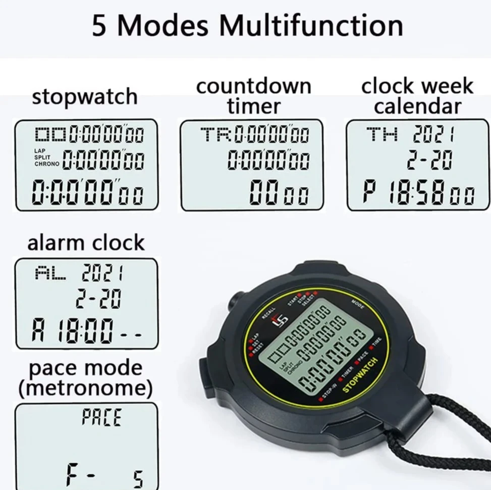 Digital Sports Stopwatch, 10Lap /Split Memory Stopwatch Count Down Timer, Large Display Waterproof 12/24 Hour Clock