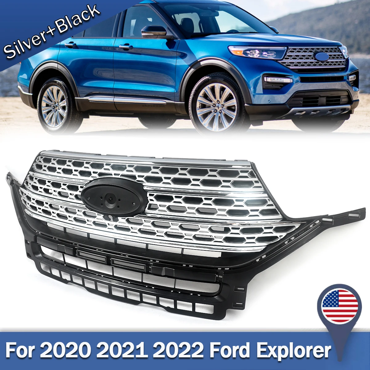 

SAIQINGSP Ford Explorer Front Bumper Grille Chrome+Black For Ford Explorer 2020-2022 Car Accessories Tools