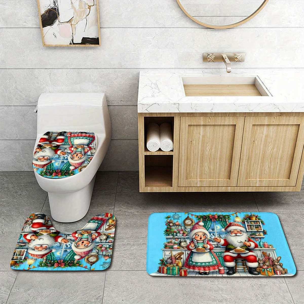 3pcs Santa Claus Printed Bathroom Rug Set - Non-Slip, Machine Washable, High-Quality Flannel, Perfect for Christmas and New Year
