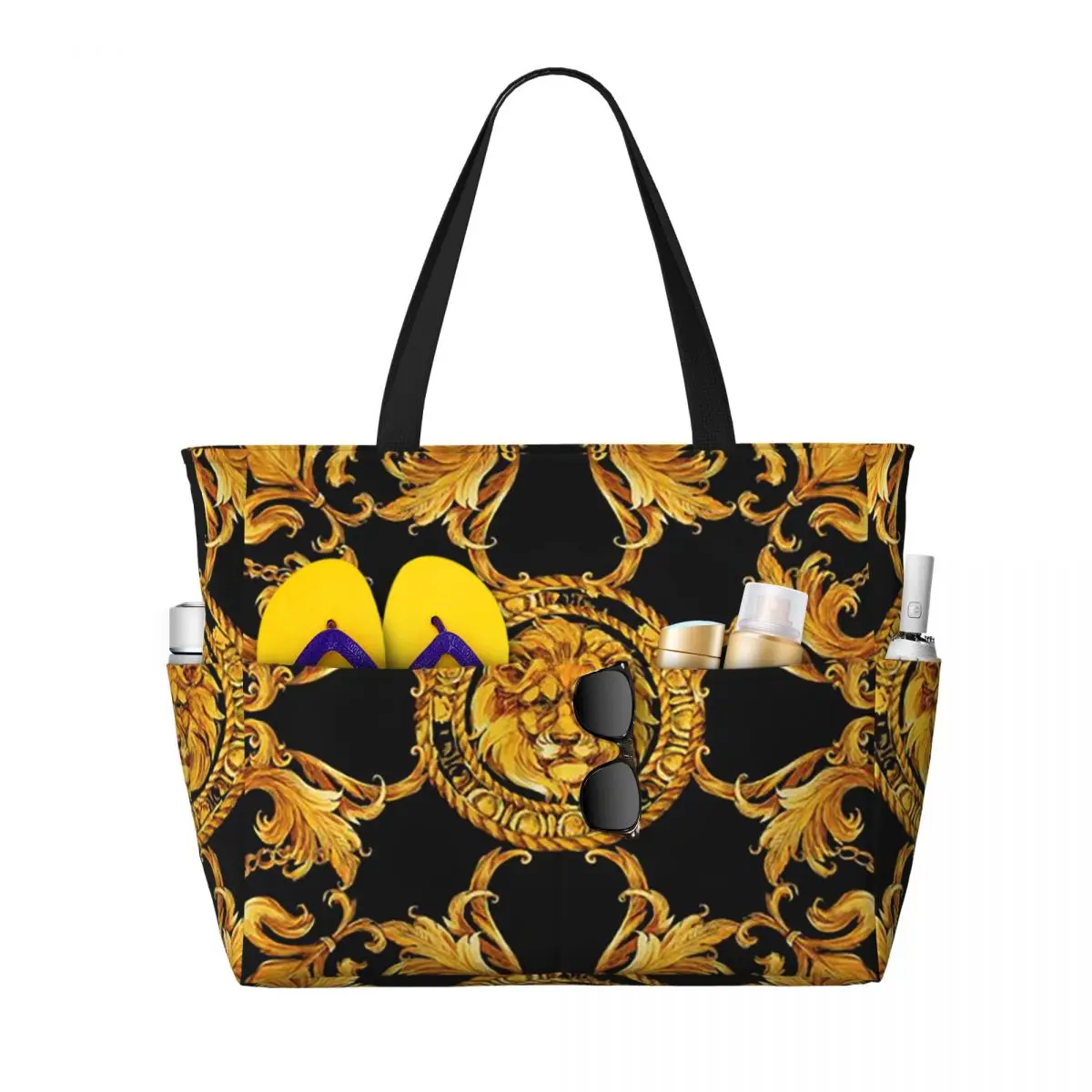 

Golden Lion Baroque Pattern Beach Tote Bag Sport Gym Yoga Duffle Large Tote Bag Women Travel Bag Fitness bag