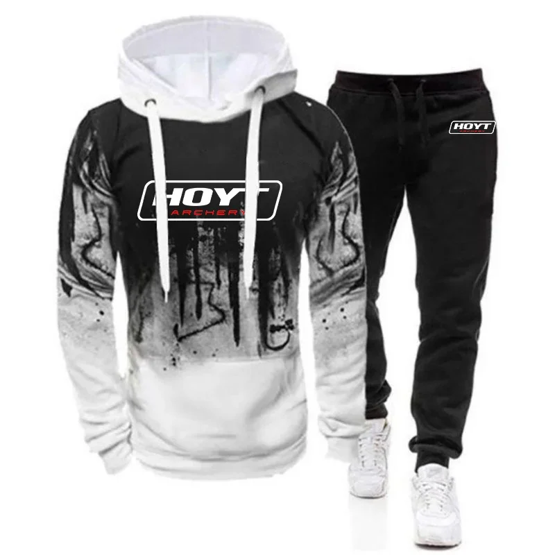 2024 Hoyt Tiro con l'arco Logo Stampa Primavera Autunno Sfumatura di colore da uomo con cappuccio Tuta con cappuccio + Pantaloni sportivi da corsa casual Set popolari