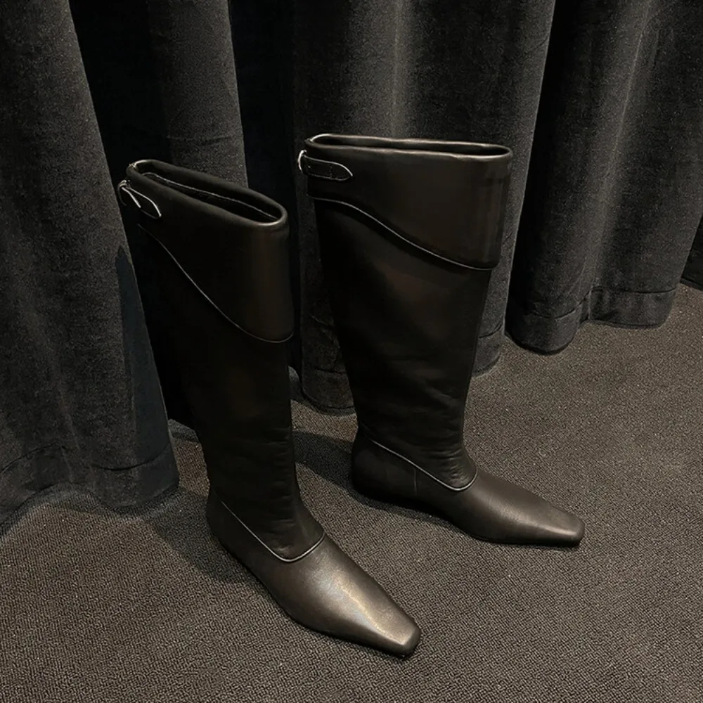 Botas planas hasta la rodilla para mujer, zapatos de cuero suave hasta el muslo, estilo moderno y elegante, cálidos para invierno