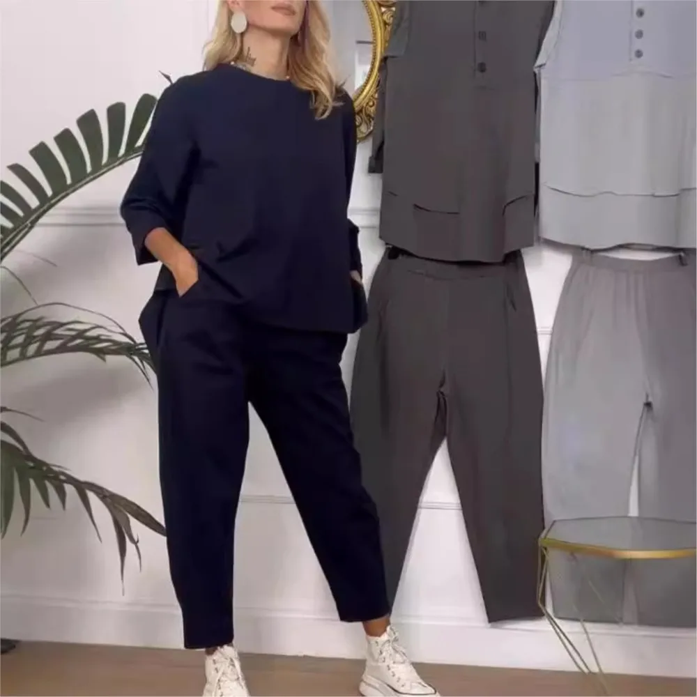 

Women Sweatshirt Pants Sets O Neck Long Sleeve Top Elastic Waist Wide Leg Sweatpants 2 Piece Set Spring Autumn Sport Outfits