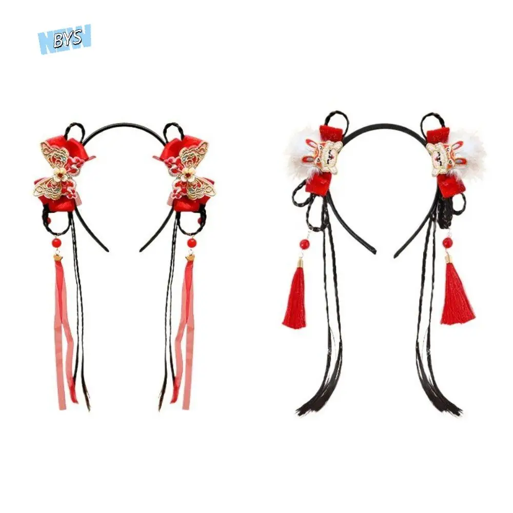 

Flower Children Wig Headband Tassel Chinese Style Hanfu Headwear Ancient Style Red Bow Princess Hairband