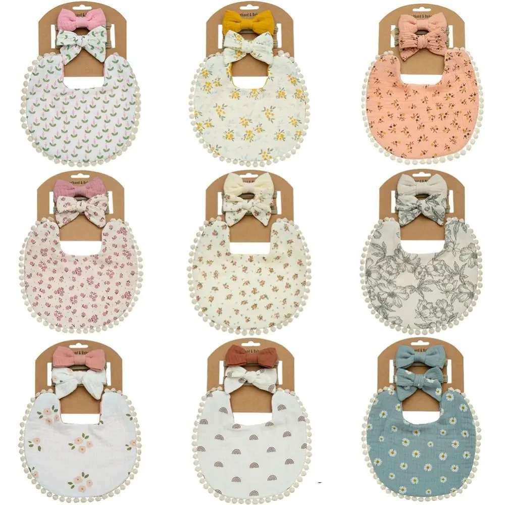 

3Pcs/Set Flower Pattern Baby Bibs & Headbands Cotton Scarf Bow Nylon Hairbands Headwear Feeding Burp Cloth