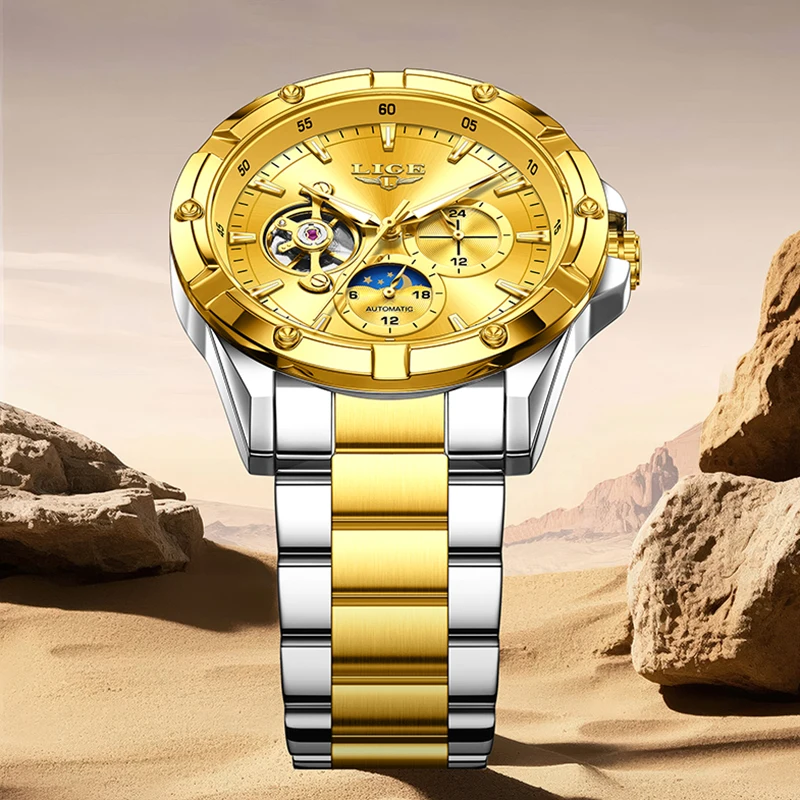 LIGE новые мужские автоматические часы скелет звездное небо фаза луны светящиеся водонепроницаемые механические часы из нержавеющей стали для мужчин