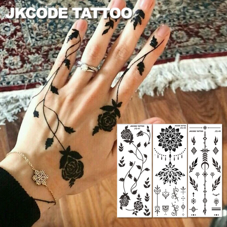 

Kaizhai's Day Fashion Accessories-Hana Hand-Painted Leaves and Plant Rose Patterns-Bak Crescent Totem New Festival Women's Hands and Feet Long-Lasting Waterproof Tattoo Stickers Body Art for 3-5 Days