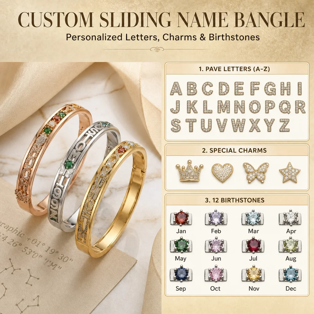 DIY Name Zircon Personalized Sliding Bracelet Birthstone Zodiac Sign Adjustable Bangle Customizable Jewelry