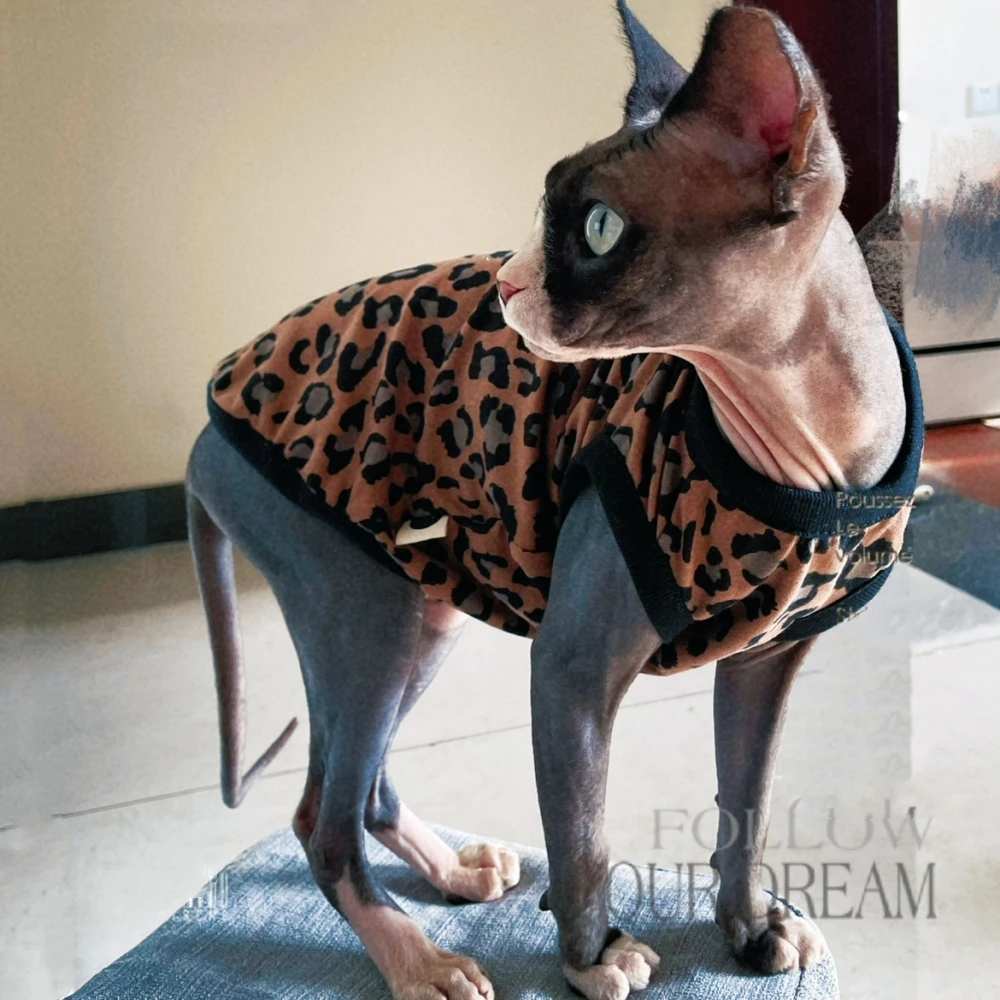 Soft Fleece Leopard Shirt for Sphynx Cat Khaki Sleeveless Coat for Kittens Fashion Spring Sweatshirt For Devon Rex Cat Supplies