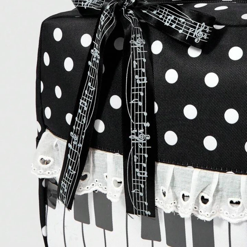 Polka Dot Piano Key Lace Ribbon Umhängetasche, Kontrastfarbe Patchwork Große Damen Bowling Tote Bag, Y2k Girls Wave Point Handtasche – Detail 4