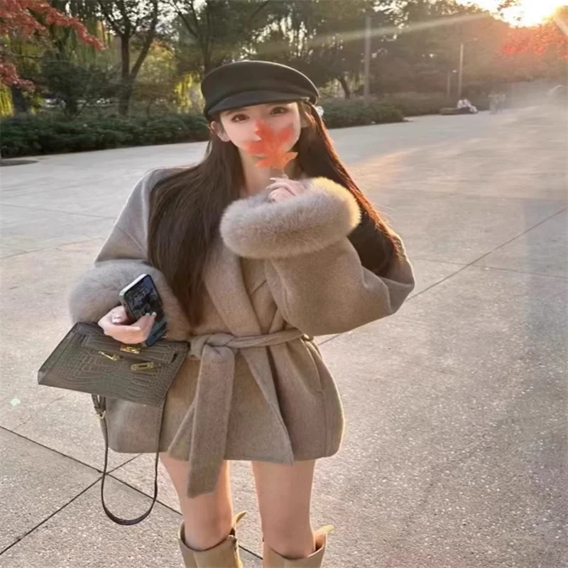 Manteau à bretelles en laine double face pour femme, veste courte en cachemire, poignets perfectionnés, fourrure de renard, tempérament, haut de gamme, nouveau, 2024