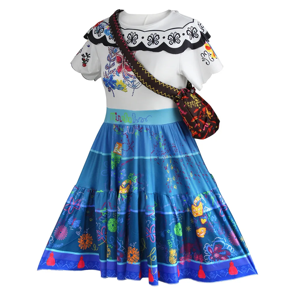 Mexican Princess Dress Mirabel Cosplay Costume White Blue Dress With Bag Women Girls Halloween Role Play Outfit Birthday Gift view 3