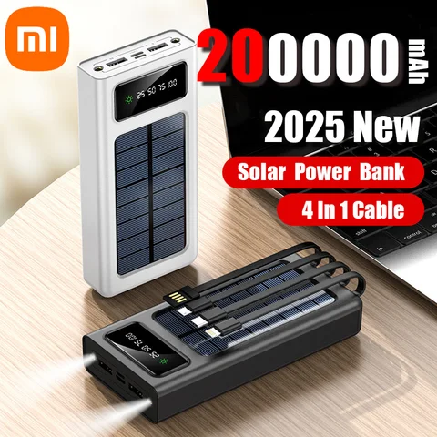 샤오미 2000000 mAh 태양광 보조베터리 휴대용 4 내장 케이블 Xiaomi Samsung iPhone용 외부 배터리 LED 조명 보조베터리
