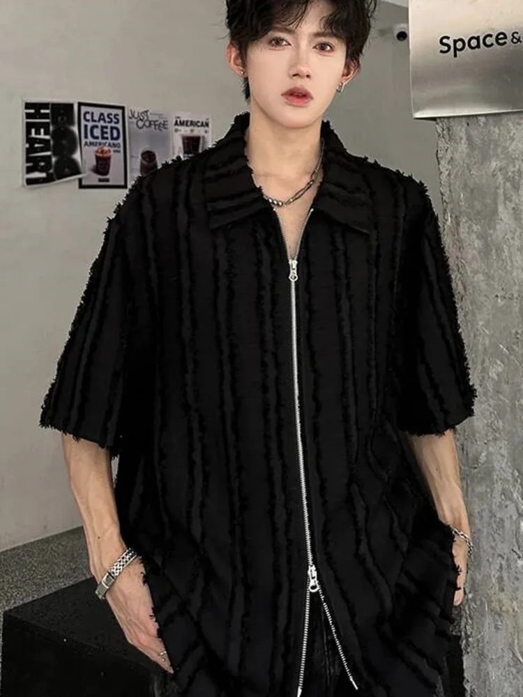 Men's Frayed Edgy Stripe Shirt Double Zipper Detail Oversized Fit Short Sleeve Streetwear Casual Premium Blouse QT39