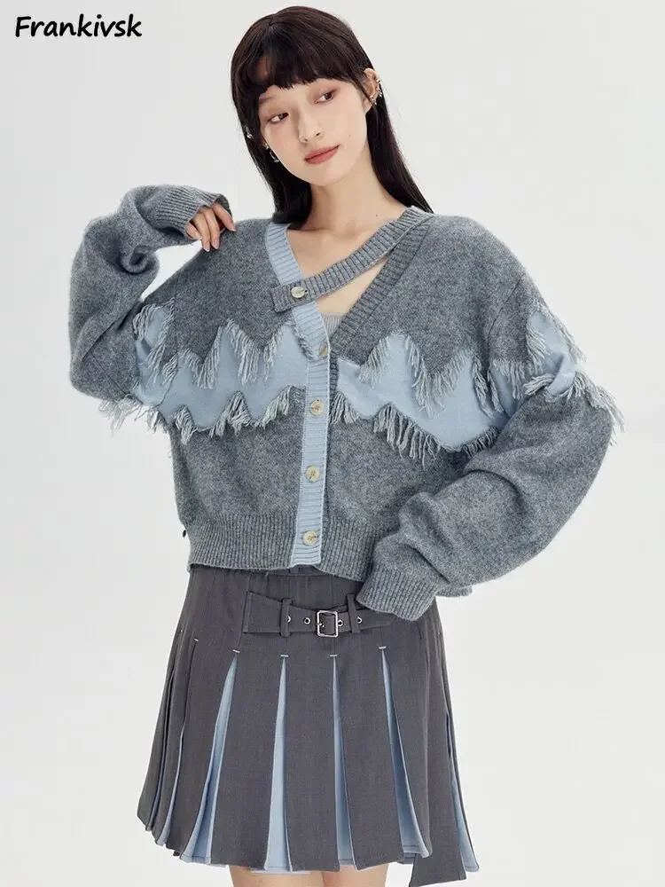 

Cardigan Women Patchwork Tassel Slouchy Japanese Style Single Breasted All-match Youthful Vitality Streetwear Knitting Autumn