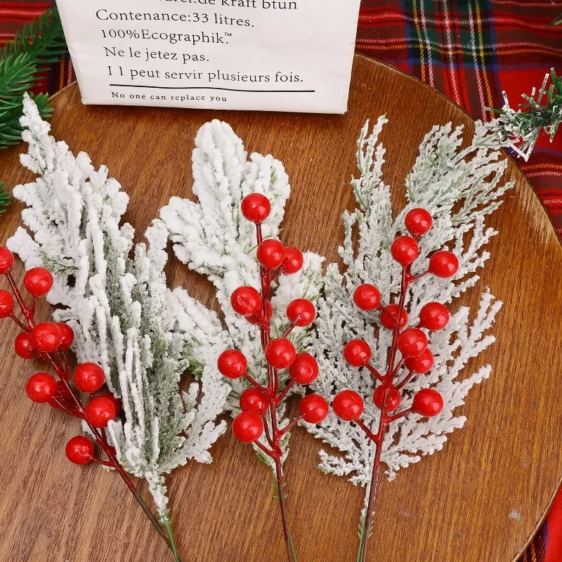 20/1 مجموعات ندفة الثلج الصنوبر الأحمر هولي بيري فرع DIY بها بنفسك عيد الميلاد إكليل تشكيلة زهور مزيج حفلة المنزل منضدية الديكور #5