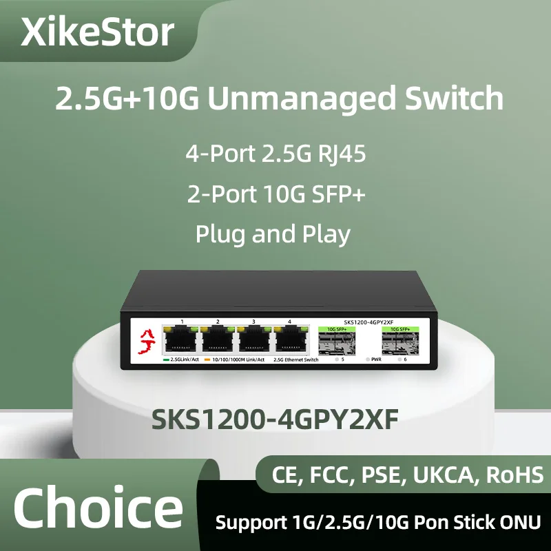 XikeStor Unmanaged Switch 4-Ports 2.5G RJ45 2-Port 10G SFP+ Ethernet Switch Fanless Plug and Play Internet Hub