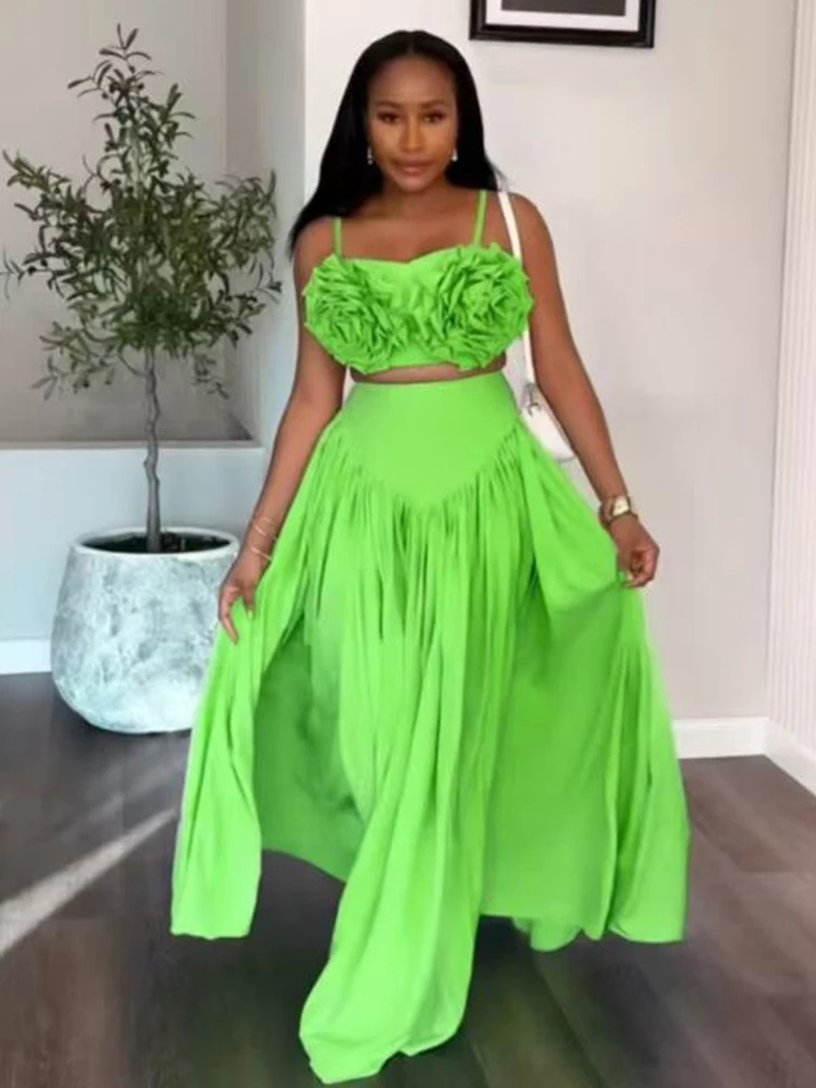 Designer sexy applique tube top suspender two-piece 2026 summer women's dress+high waist pleated loose skirt fashion suit