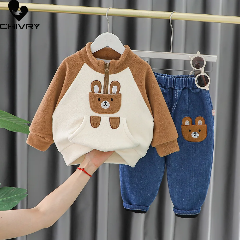 New Kids Boys Winter Cute Cartoon Bear Fleece Thicken Warm Pullover Sweatshirt Tops with Jeans Baby Girls Casual Clothing Sets