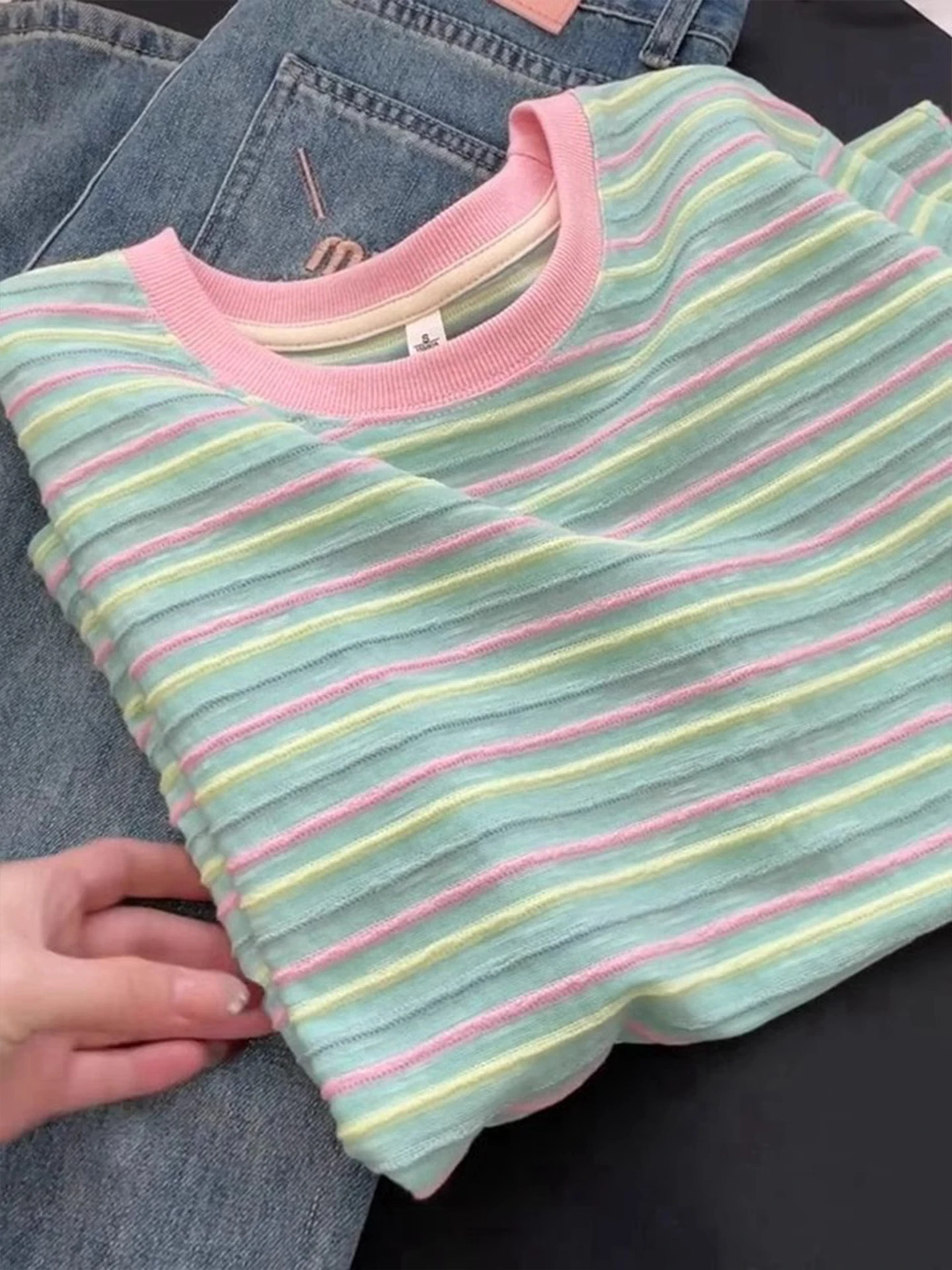 Mint Wave Color Block Stripe Short Sleeve T-Shirt Women's Loose Casual Fashion Summer Top Youthful round Neck Sweat Absorbent