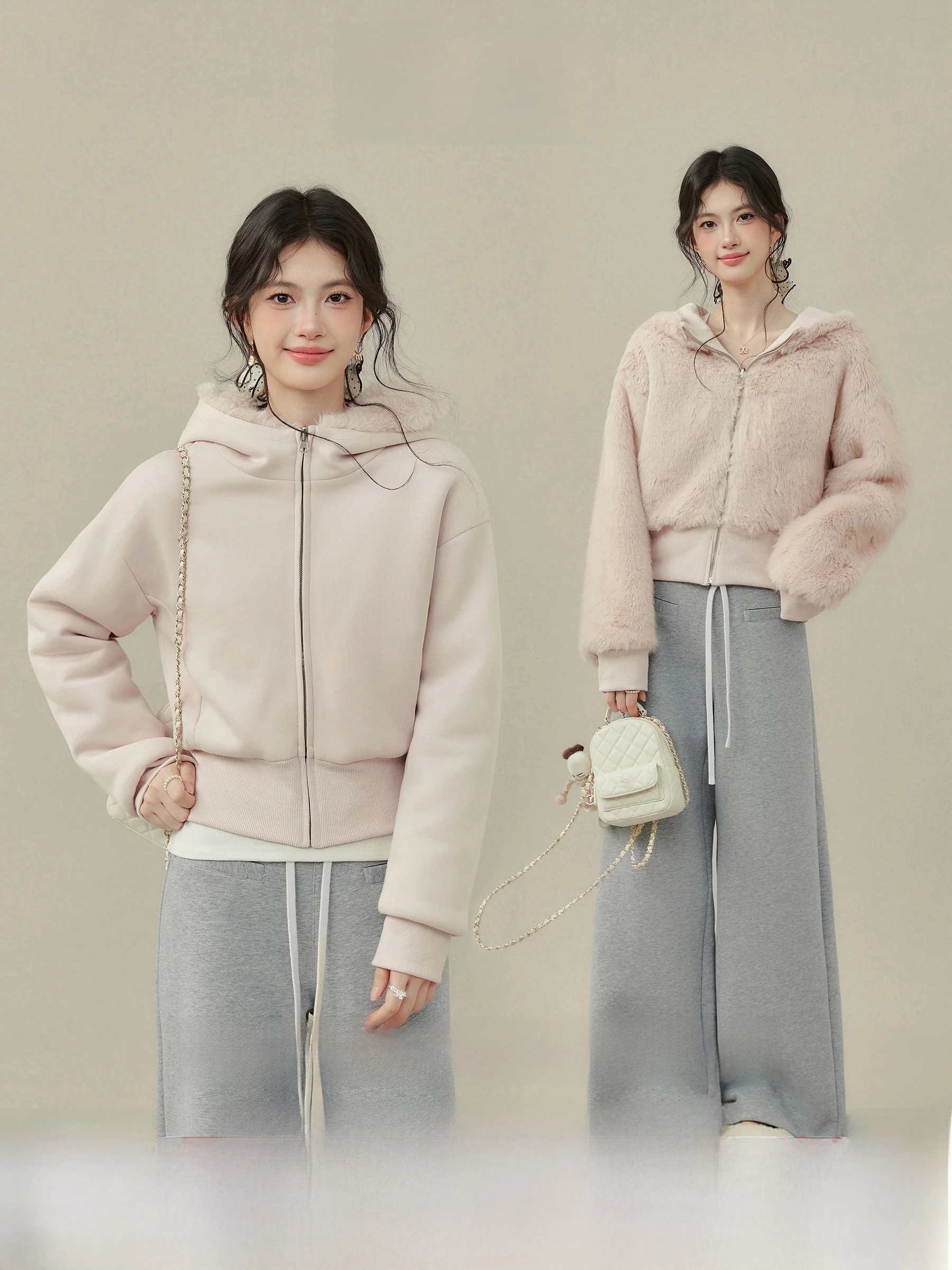 

Женская теплая куртка OuYangXi осенне-зимняя, розовая, пушистая, с капюшоном, на молнии, однотонная, с длинными рукавами, для повседневной носки