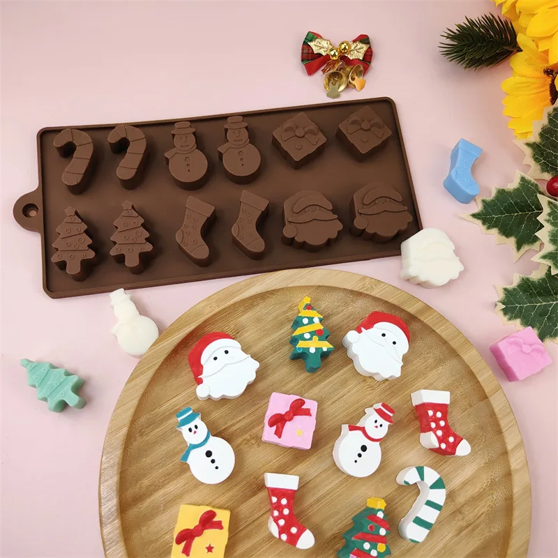 12-Cavity Xmas Silicone Candy Mold Santa Tree Gift Box Cane Shapes For Chocolate Ice Cubes Dessert Baking DIY Treats