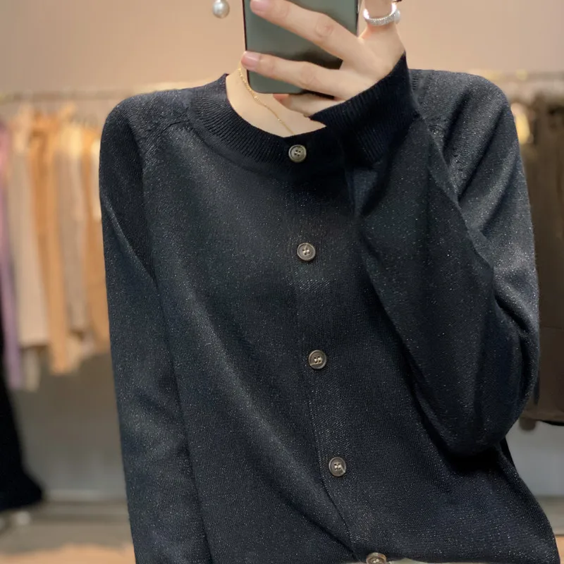 

Ele Versatile iny Silk Thin Wool Knitted Open Cardigan Women's Spring Autumn Sle Korean Version V-ne Sweater Loose ...