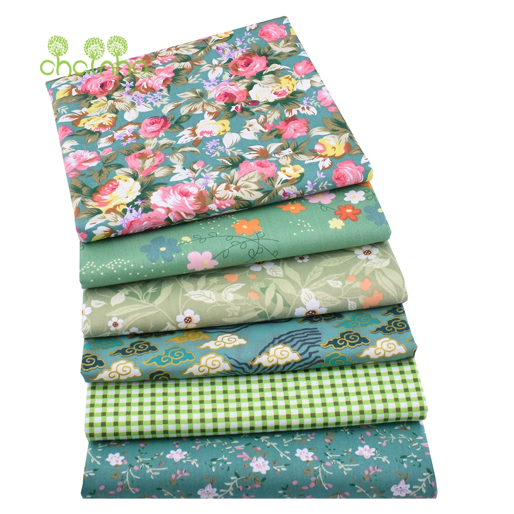 Chainho,Printed Twill Weave Cotton Fabric,Patchwork Cloth,DIY Sewing Quilting Material,Green Floral Series,3 Specification,2C61