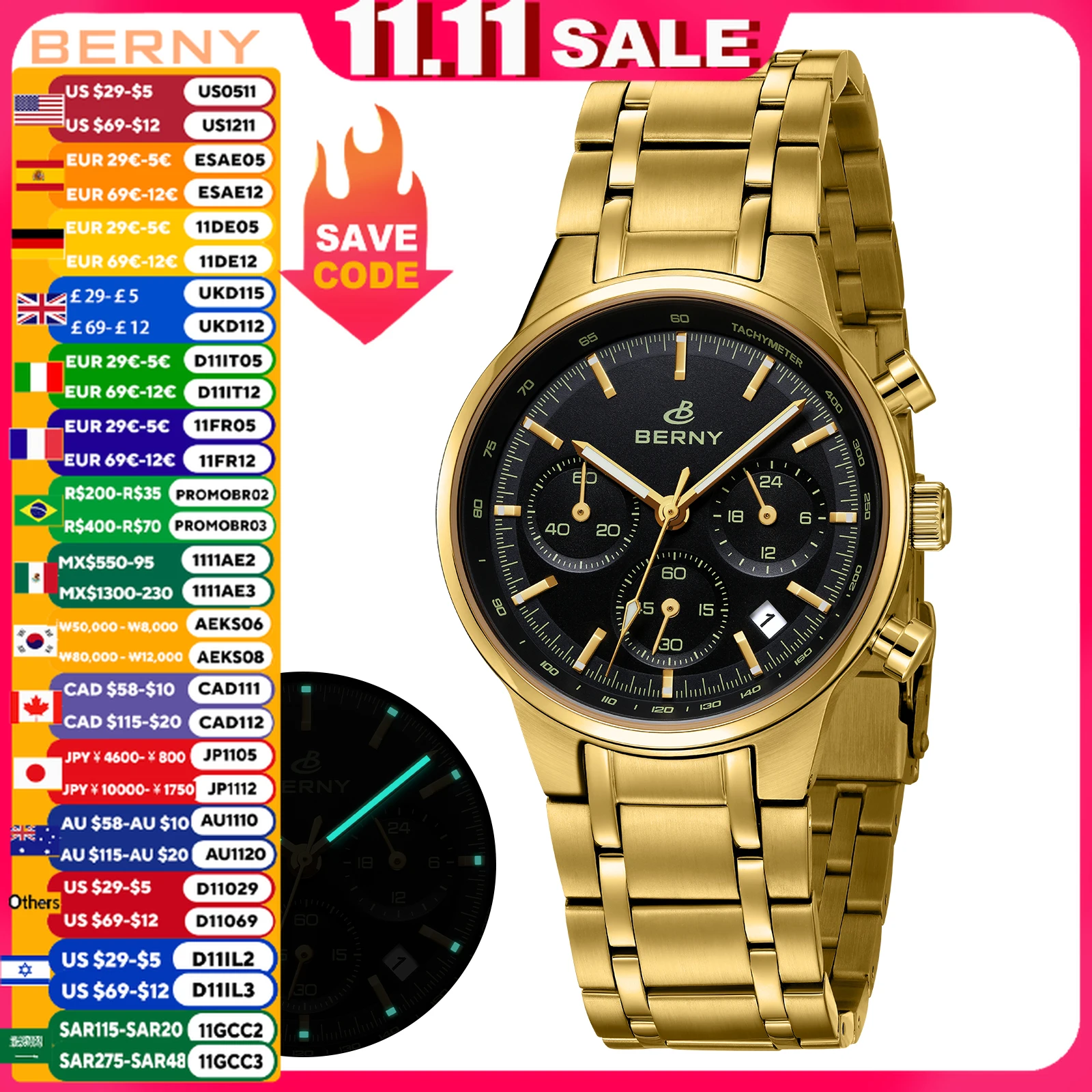BERNY Top Gold Chronograph Watch for Men Panda Dial Quartz Sport Speed Fashion Sapphire Stainless Steel Waterproof Men's Watches