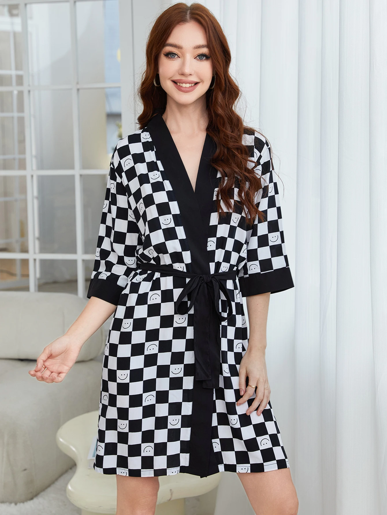 RONGTAI Womens cotton-like Checkerboard Bathrobe Ladies sexy pajamas Oversized Nightgown High end sleepwear Home Wear