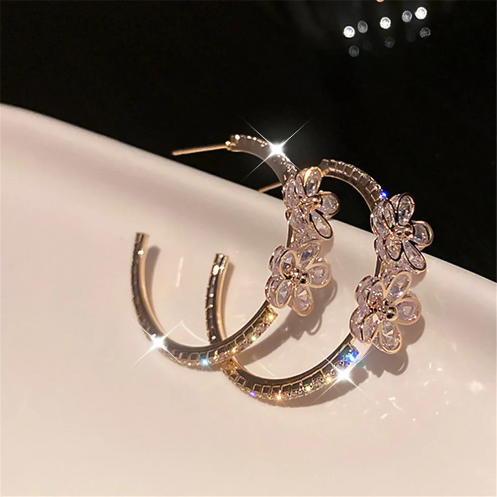 925S Silver Needle Gold Plated Inlaid Rhinestone Ring Flower Earrings Ins Temperament High-end Cool Style Earrings 2023 New Bran