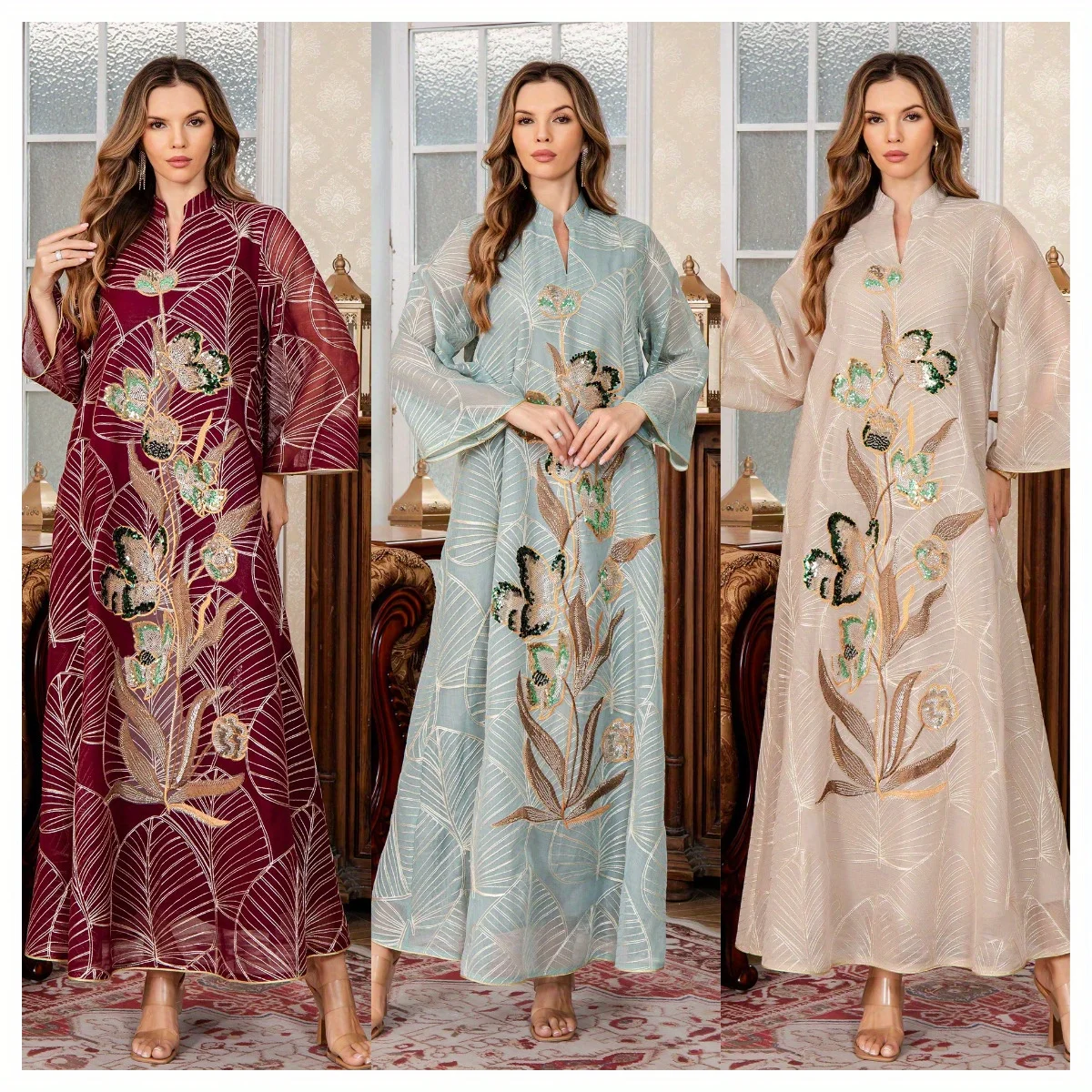 

Middle East Muslim Women's Robe Elegant Embroidery Lace Dubai Dress Arabian Costume Accessories Sets Renaissance