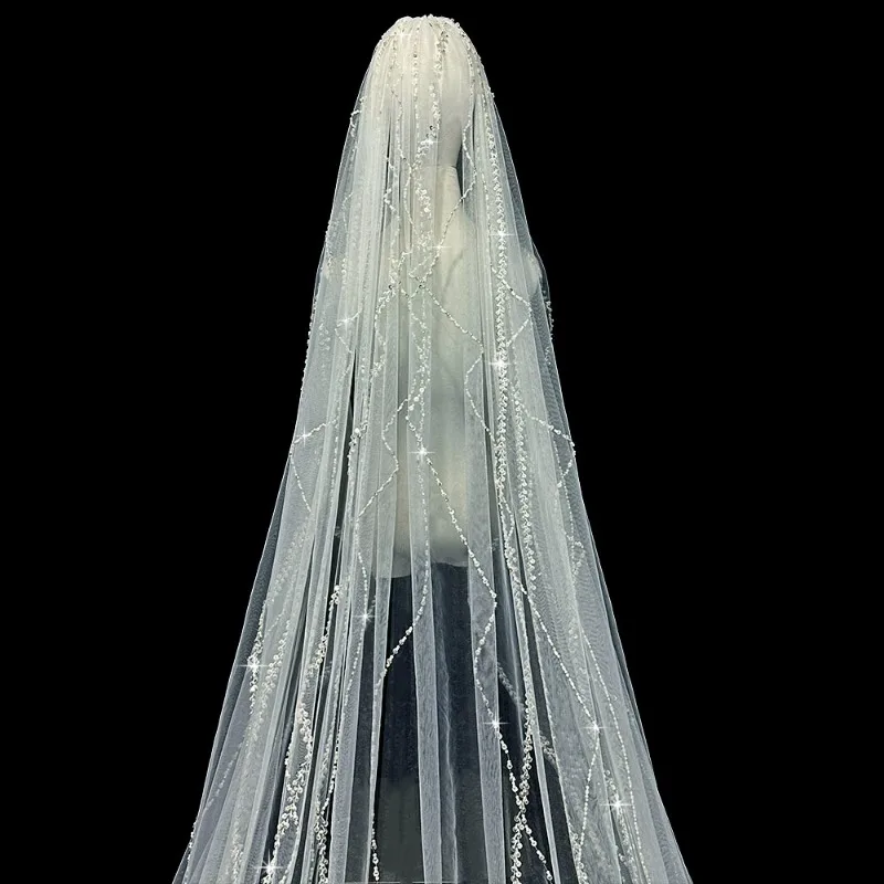Bridal wedding veil premium handmade heavy industry veil long pearl sequins trailing